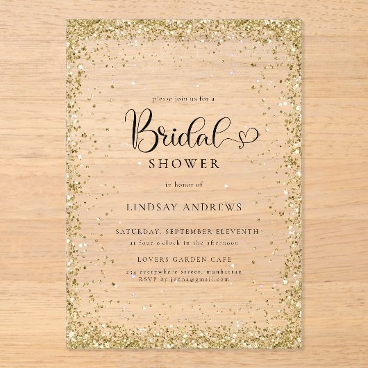 Modern Gold Glitter Bridal Shower  アクリル招待状 (正面)