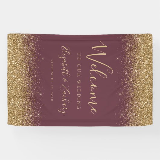 Modern Gold Glitter Dark Burgundy Wedding Welcome 横断幕 (横)