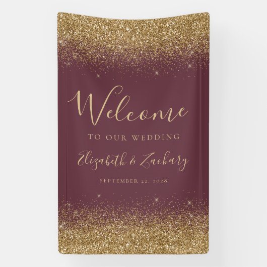 Modern Gold Glitter Dark Burgundy Wedding Welcome 横断幕 (縦)