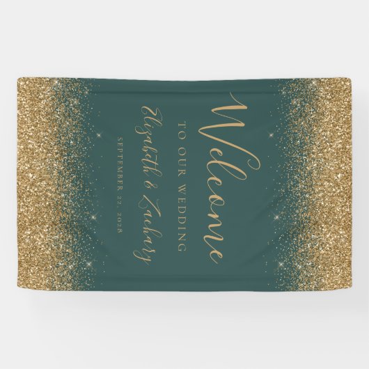 Modern Gold Glitter Dark Green Wedding Welcome 横断幕 (横)