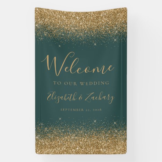 Modern Gold Glitter Dark Green Wedding Welcome 横断幕 (縦)