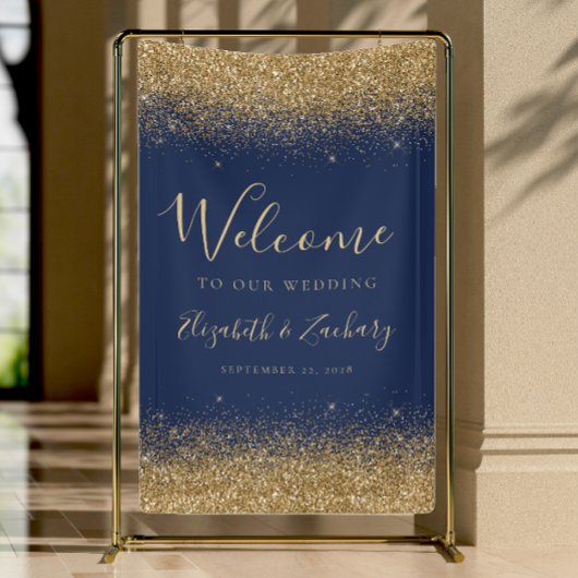 Modern Gold Glitter Navy Blue Wedding Welcome 横断幕