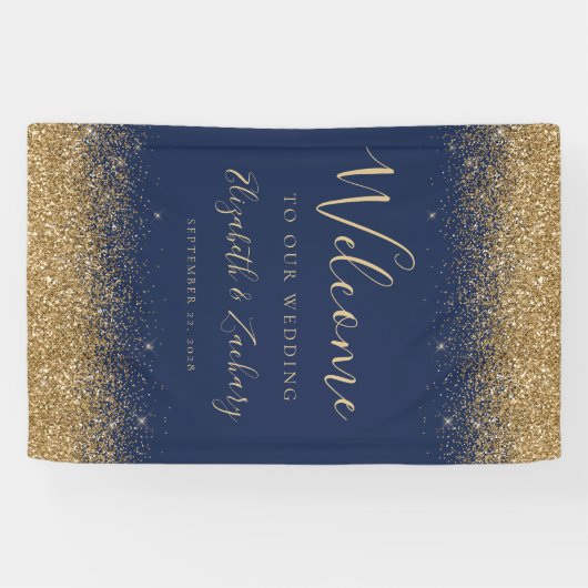 Modern Gold Glitter Navy Blue Wedding Welcome 横断幕 (横)