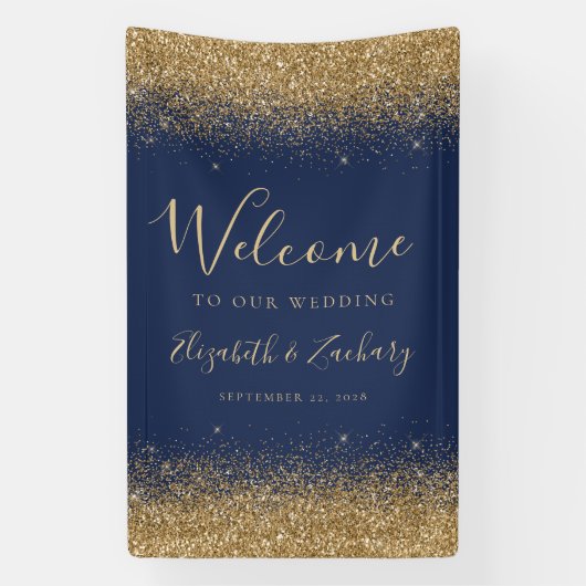 Modern Gold Glitter Navy Blue Wedding Welcome 横断幕 (縦)