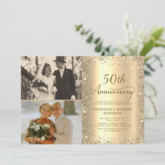 Modern Gold Glitter Photo 50th Wedding Anniversary 招待状 (スタンド正面)