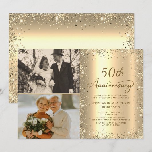 Modern Gold Glitter Photo 50th Wedding Anniversary 招待状 (正面/裏面)