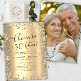 Modern Gold Glitter Photo 50th Wedding Anniversary 招待状