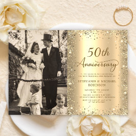 Modern Gold Glitter Photo 50th Wedding Anniversary 招待状