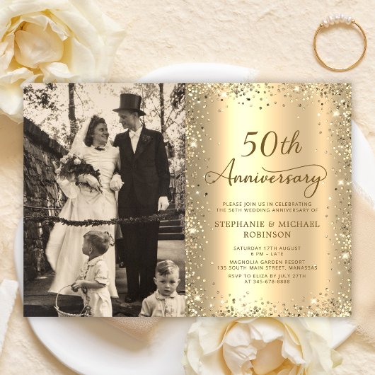 Modern Gold Glitter Photo 50th Wedding Anniversary 招待状