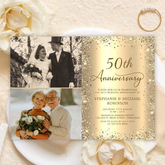 Modern Gold Glitter Photo 50th Wedding Anniversary 招待状