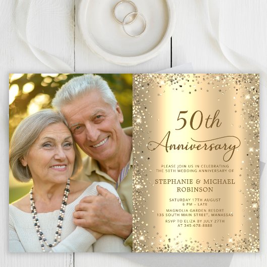 Modern Gold Glitter Photo 50th Wedding Anniversary 招待状