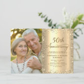 Modern Gold Glitter Photo 50th Wedding Anniversary 招待状 (スタンド正面)
