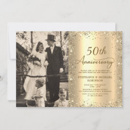 Modern Gold Glitter Photo 50th Wedding Anniversary 招待状