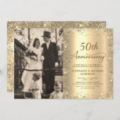 Modern Gold Glitter Photo 50th Wedding Anniversary 招待状 (正面/裏面)