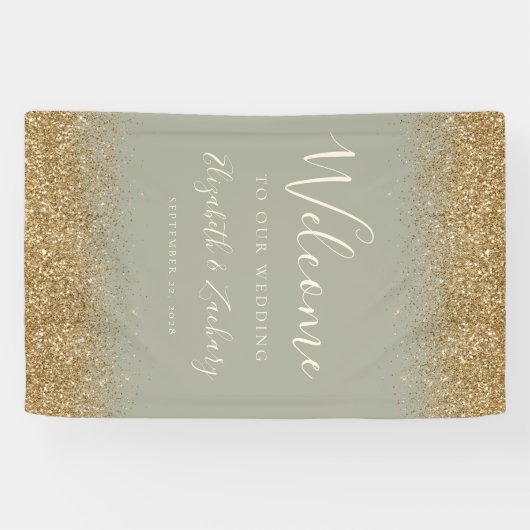 Modern Gold Glitter Sage Green Wedding Welcome 横断幕 (横)