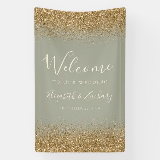Modern Gold Glitter Sage Green Wedding Welcome 横断幕 (縦)