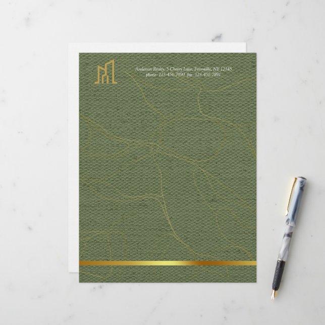 Modern Gold House Real Estate Olive Green Realtor レターヘッド (正面/裏面インサイチュ)