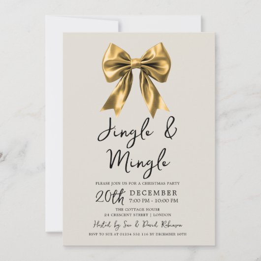 Modern Gold Jingle & Mingle Christmas Party Bow 招待状 (正面)