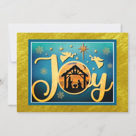 Modern Gold "JOY" Nativity Silhouette Christmas シーズンカード (正面)