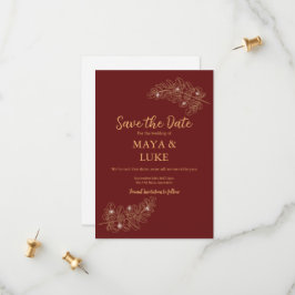 Modern Gold leaves Burgundy セーブザデート