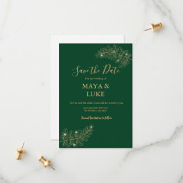 Modern Gold leaves Emerald Green セーブザデート