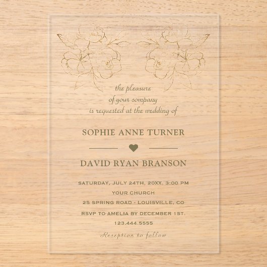 Modern Gold Line Art Flowers Wedding Transparent  アクリル招待状 (正面)