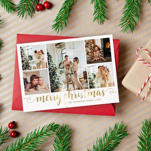 Modern Gold Merry Christmas Heart Script 5 Photo シーズンカード