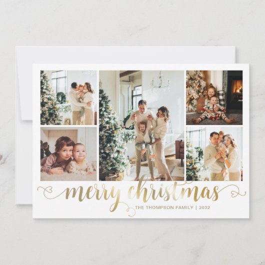 Modern Gold Merry Christmas Heart Script 5 Photo シーズンカード (正面)