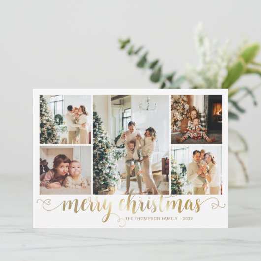 Modern Gold Merry Christmas Heart Script 5 Photo シーズンカード (スタンド正面)