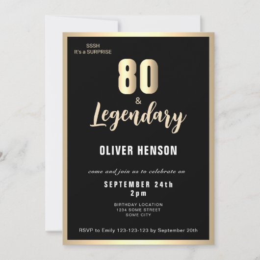 Modern Gold Metallic Surprise 80th Birthday  招待状 (正面)