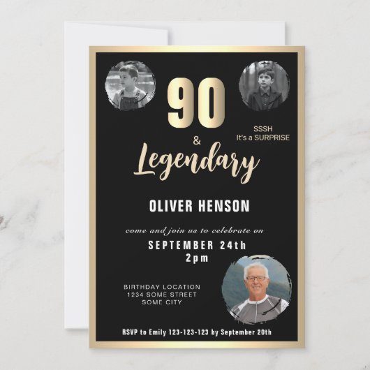 Modern Gold Metallic Surprise 90th Birthday 招待状 (正面)