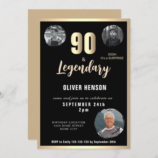 Modern Gold Metallic Surprise 90th Birthday  招待状 (正面/裏面)