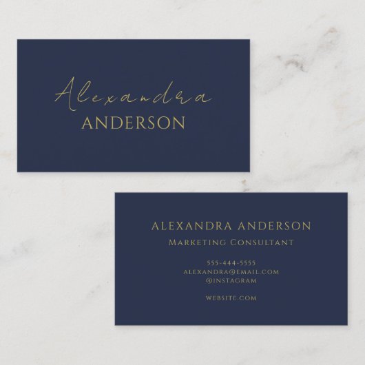 Modern Gold Navy Blue Minimalist Script 名刺 (正面/裏面)