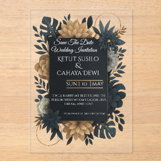  Modern Gold & Navy Floral Wedding Invitation  アクリル招待状