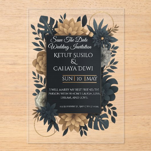  Modern Gold & Navy Floral Wedding Invitation  アクリル招待状 (正面)