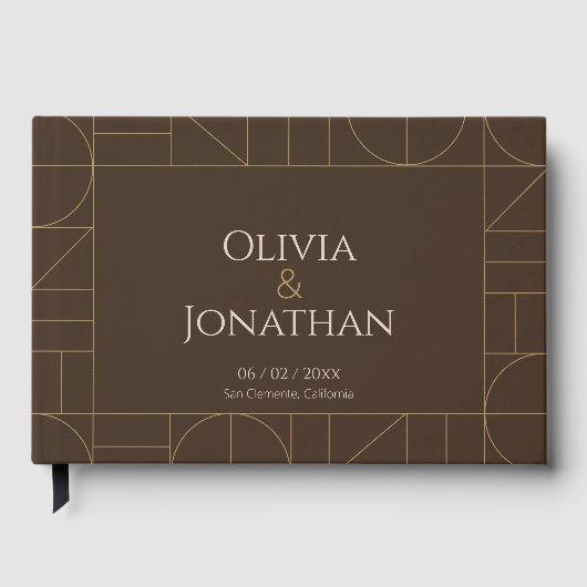 Modern Gold Ornaments Dark Brown Wedding ゲストブック (正面)