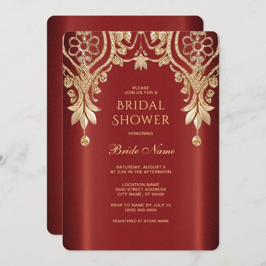 Modern Gold Red Floral Bridal Shower Invitation 招待状 (正面/裏面)