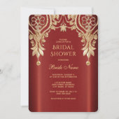 Modern Gold Red Floral Bridal Shower Invitation 招待状 (正面)