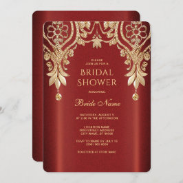 Modern Gold Red Floral Bridal Shower Invitation 招待状