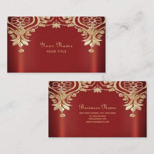 Modern Gold Red Floral Business Card 名刺 (正面/裏面)