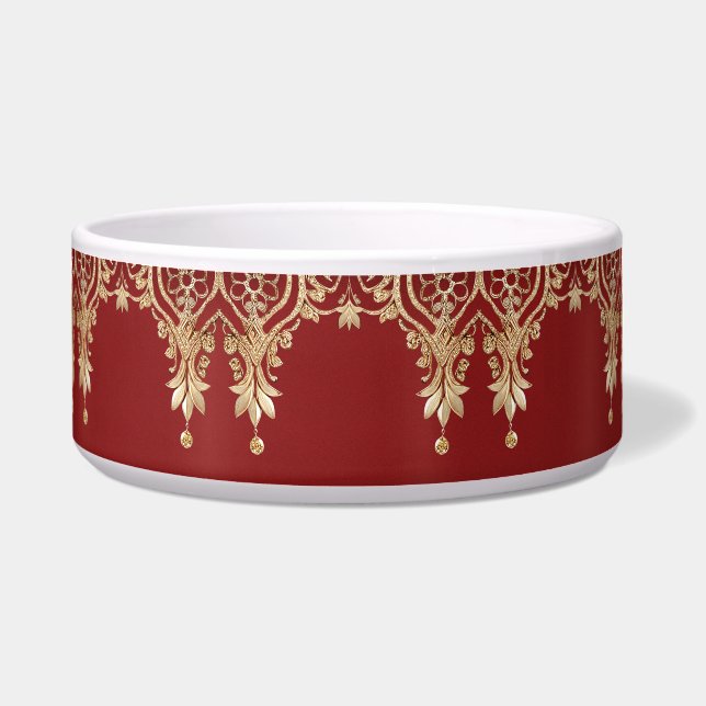 Modern Gold Red Floral Ceramic Pet Bowl ボウル (正面)