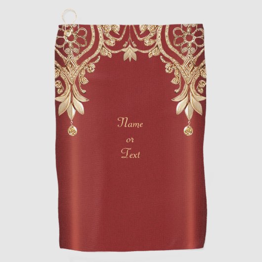 Modern Gold Red Floral Golf Towel ゴルフタオル (正面)