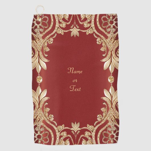Modern Gold Red Floral Golf Towel ゴルフタオル (正面)