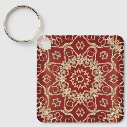 Modern Gold Red Floral Keychain キーホルダー (正面)