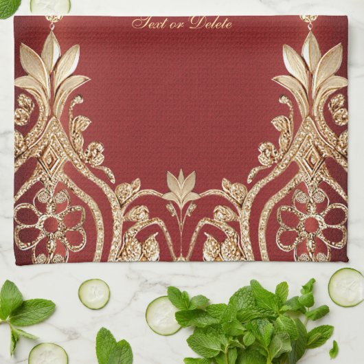 Modern Gold Red Floral Kitchen Towels キッチンタオル (折り畳み)