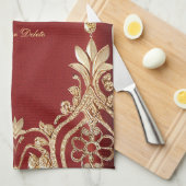 Modern Gold Red Floral Kitchen Towels キッチンタオル (四つ折り)