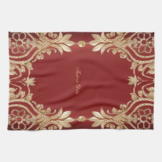 Modern Gold Red Floral Kitchen Towels キッチンタオル (横)