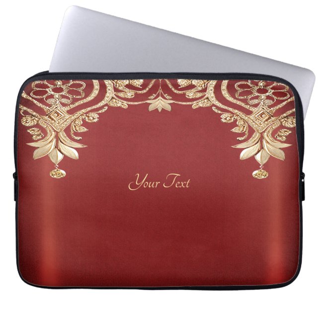 Modern Gold Red Floral Laptop Sleeve ラップトップスリーブ (正面)