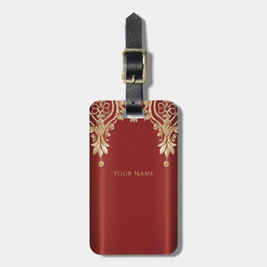 Modern Gold Red Floral Luggage Tag ラゲッジタグ (正面縦)