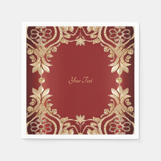 Modern Gold Red Floral Napkins スタンダードカクテルナプキン (正面)